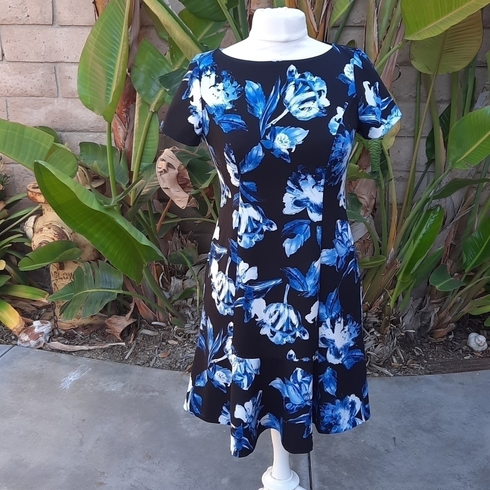 Karl Lagerfeld Paris Black Blue Floral Fit & Flare Dress Size 4